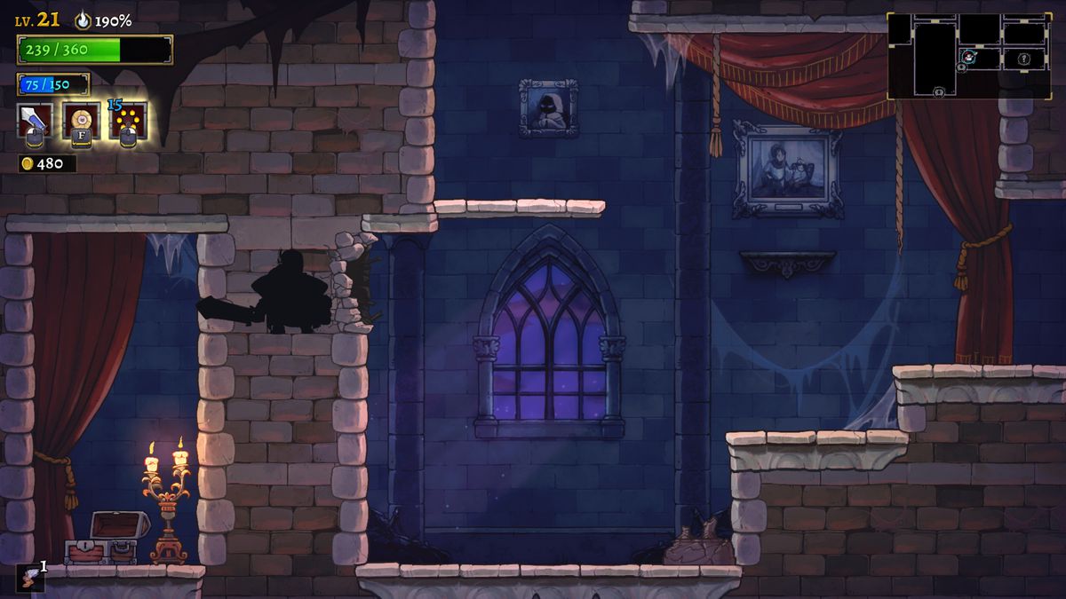 Rogue Legacy 2 ekrano kopija, kurioje žaidėjas siluetu įeina į slaptą zoną per plyšį sienoje.