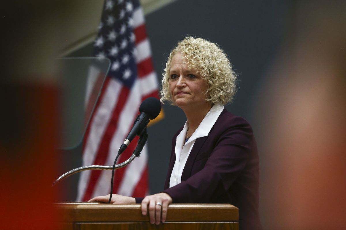 FILE - Mayor Jackie Biskupski addresses the major challenges and opportunities facing the city in her fourth State of the City speech at East High School in Salt Lake City on Thursday, Jan. 17, 2019.