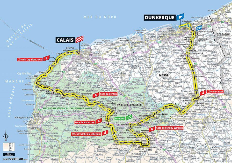 Map of stage 4 of the 2022 Tour de France from Dunkirk to Calais