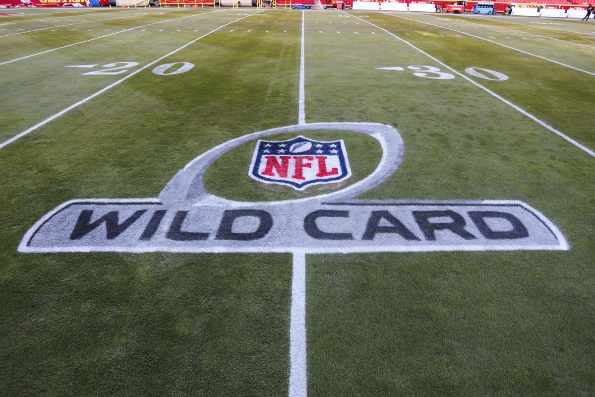 KANSAS CITY, MO - JANUARY 16: A view of the Wild Card logo on the field before an AFC wild card playoff game between the Pittsburgh Steelers and Kansas City Chiefs on Jan 16, 2022 at GEHA Field at Arrowhead Stadium in Kansas City, MO.