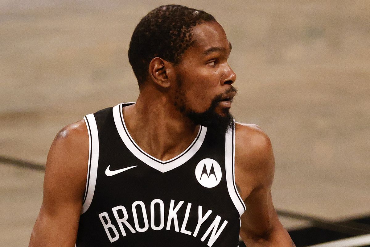 Kevin Durant of the Brooklyn Nets looks on during the first quarter against the Milwaukee Bucks during Game One of the Eastern Conference second round series at Barclays Center on June 05, 2021 in New York City.