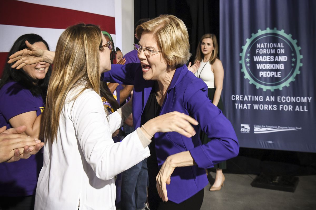 Sen. Elizabeth Warren (D-MA) greets attendees after speaking at the National Forum on Wages and Working People on April 27, 2019 in Las Vegas, Nevada.