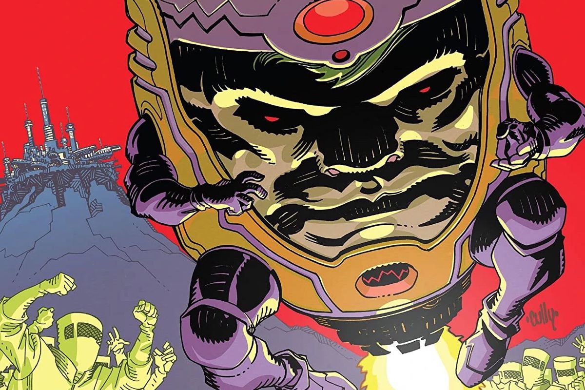 MODOK, essentially a giant head in a scifi harness, with normal sized, dangling arms and legs that look puny in comparison, flies on his jet repulsors over a crowd of cheering AIM lackeys, on the cover of MODOK: Head Games #1 (2020). 