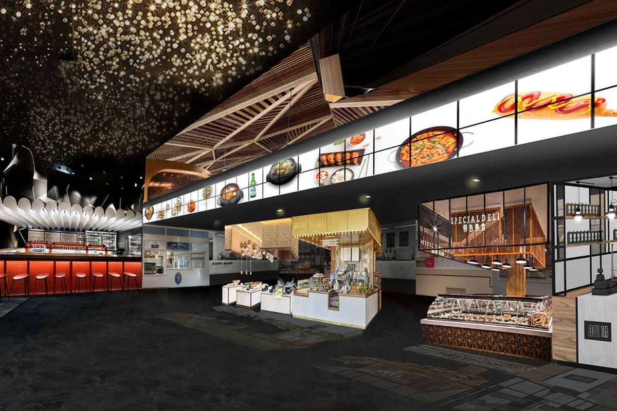 A rendering of an indoor food market