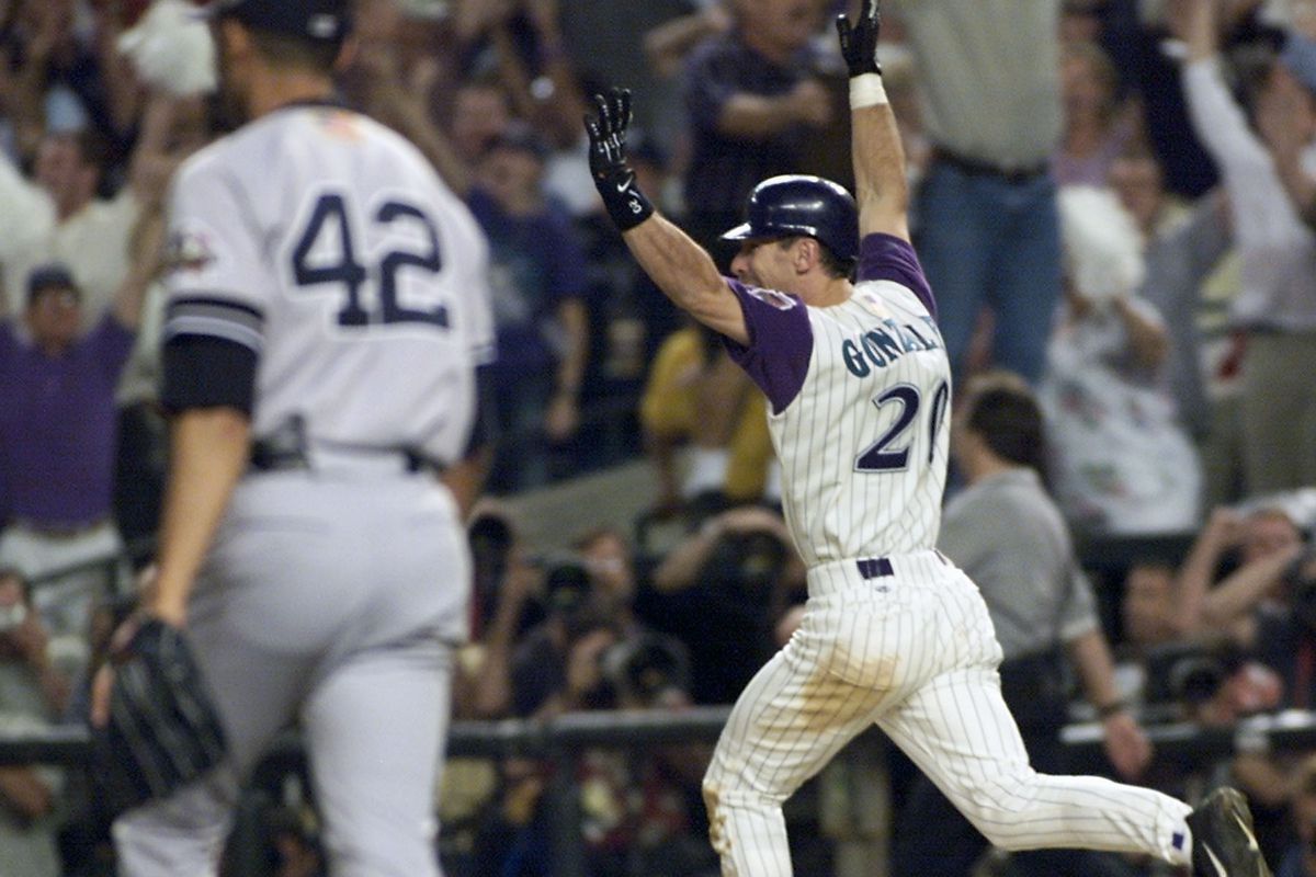Luis Gonzalez celebrates a series-clinching, walk-off hit against the Yankees’ Mariano Rivera in the 2001 World Series