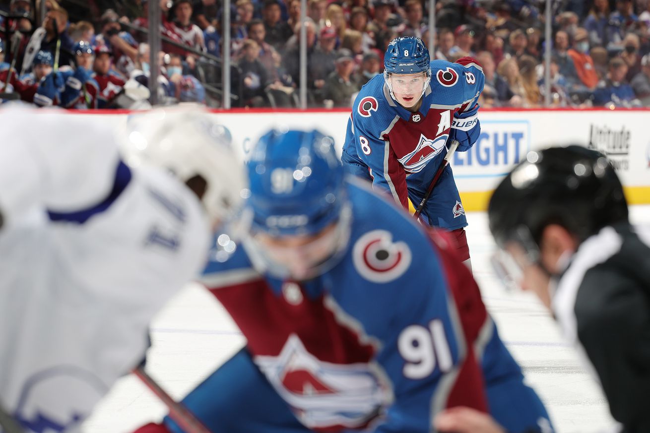 Cale Makar #8 of the Colorado Avalanche awaits a face off against the Tampa Bay Lightning at Ball Arena on February 10, 2022 in Denver, Colorado.