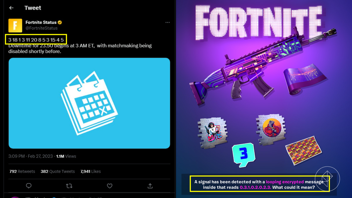 Crack the code cipher in Fortnite with a tweet from Fortnite status and an ingame screenshot of Fortnite.