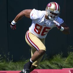 Corey Lemonier #96 of the San Francisco 49ers participates in individual drills during the San Francisco 49ers rookie minicamp at their training facility on May 10, 2013