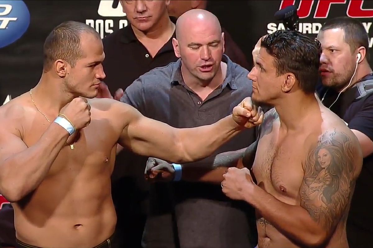 Junior dos Santos (left) vs. Frank Mir staredown at UFC 146 weigh-ins in Las Vegas, Nevada. 