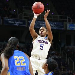The UCLA Bruins take on the UConn Huskies in the NCAA Women’s Basketball Tournament Sweet 16 at Times Union Center in Albany, NY on March 29, 2019.