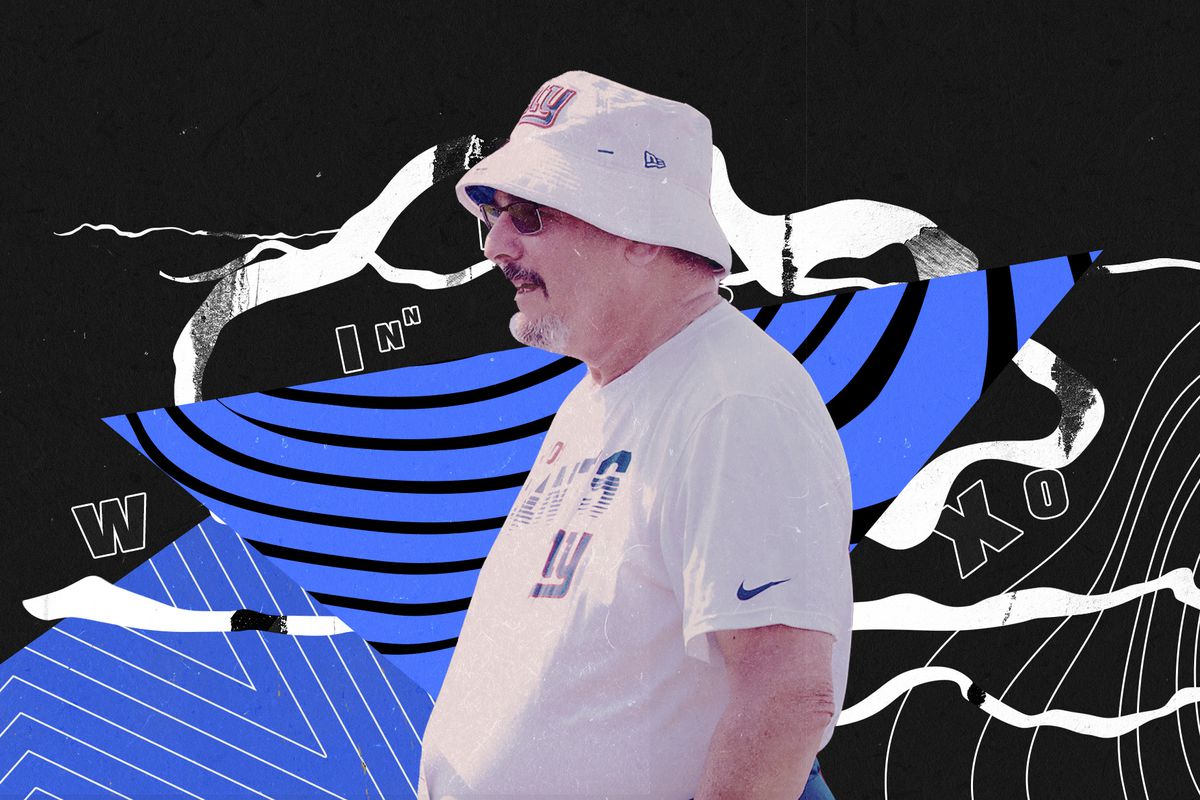 Profile of NY Giants GM Dave Gettleman, wearing a hat, superimposed on a blue and black background