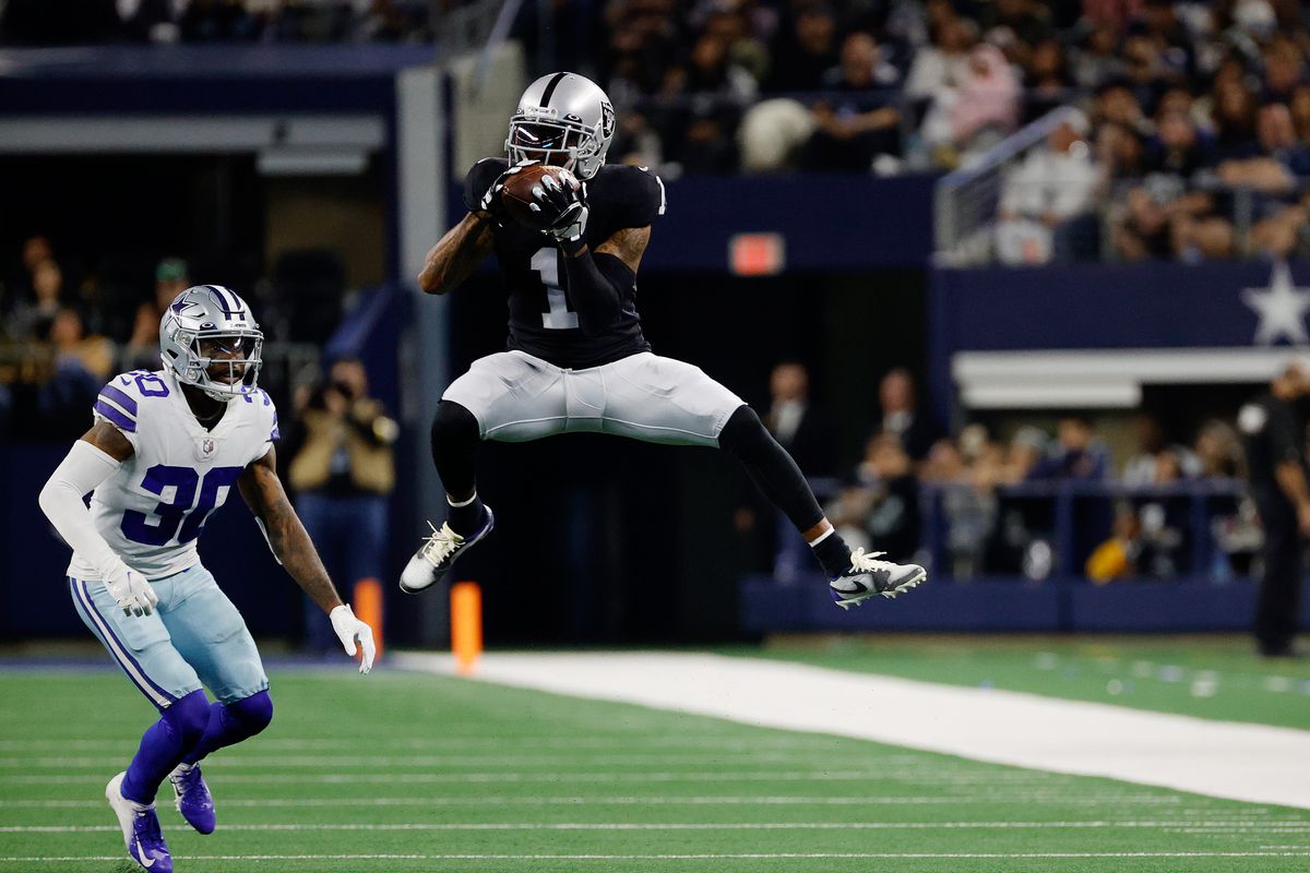 DeSean Jackson #1 of the Las Vegas Raiders makes a reception during the fourth quarter of the NFL game between Las Vegas Raiders and Dallas Cowboys at AT&amp;T Stadium on November 25, 2021 in Arlington, Texas.