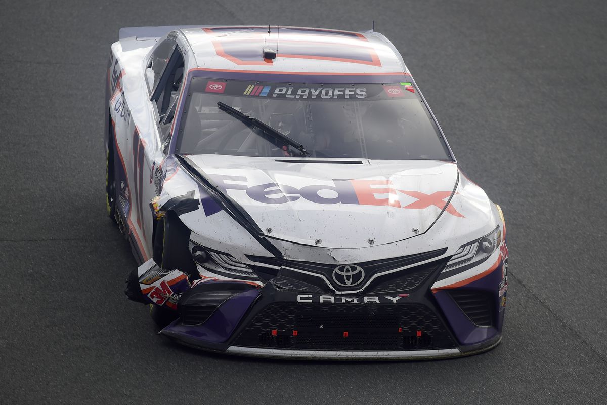 Denny Hamlin, driver of the FedEx Ground Toyota, drives during the NASCAR Cup Series Bank of America ROVAL 400 at Charlotte Motor Speedway on October 11, 2020 in Concord, North Carolina.