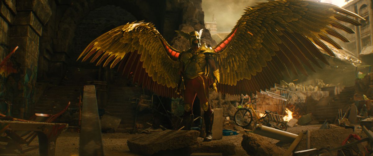 Hawkman spreads his giant metal wings in Black Adam. 