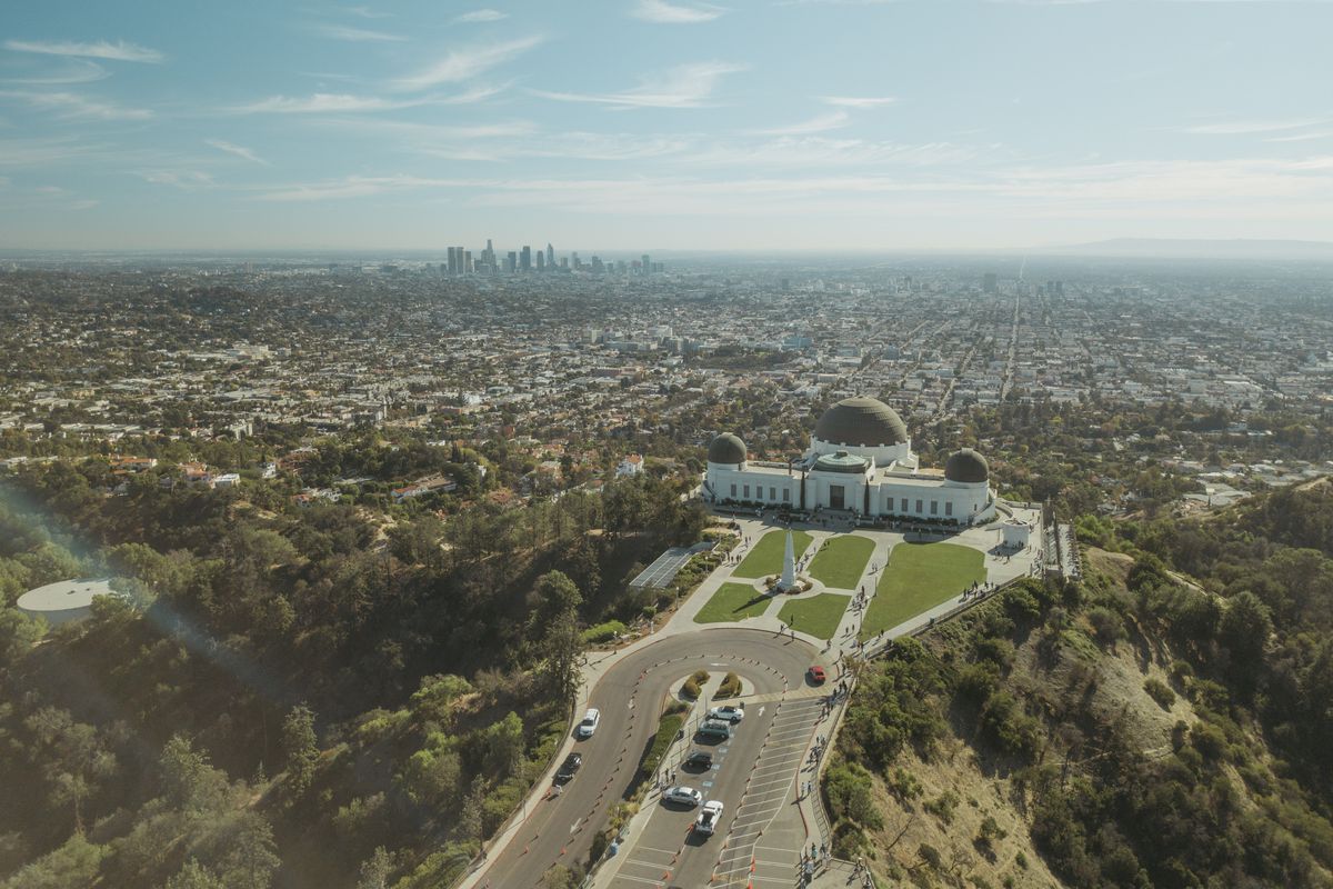 Griffith Observatory aerial shot, with Los Angeles below