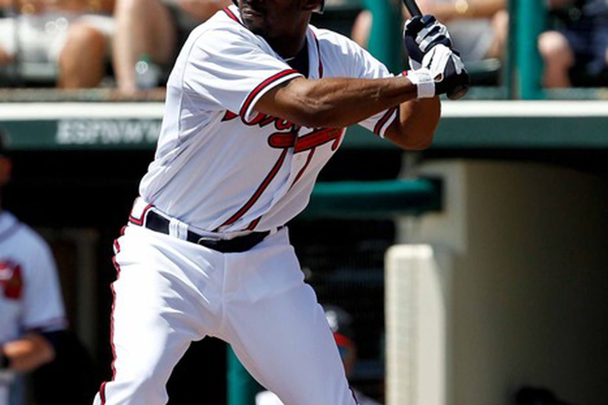 March 18, 2012; Lake Buena Vista, FL, USA; Atlanta Braves center fielder Michael Bourn (24) against the Baltimore Orioles during a spring training game at Disney Wide World of Sports complex. Mandatory Credit: Derick E. Hingle-US PRESSWIRE