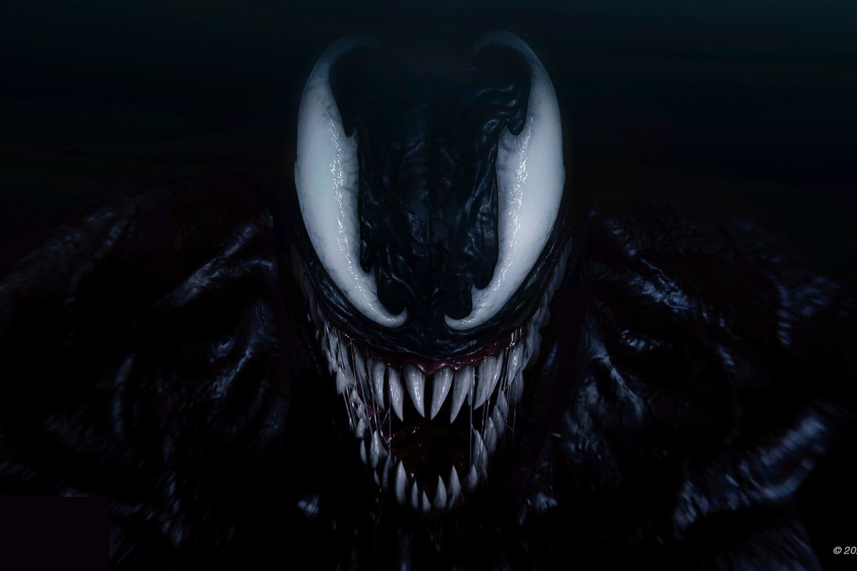 Key art for Marvel’s Spider-Man 2 showing the menacing, fanged visage of Spider-Man nemesis Venom.