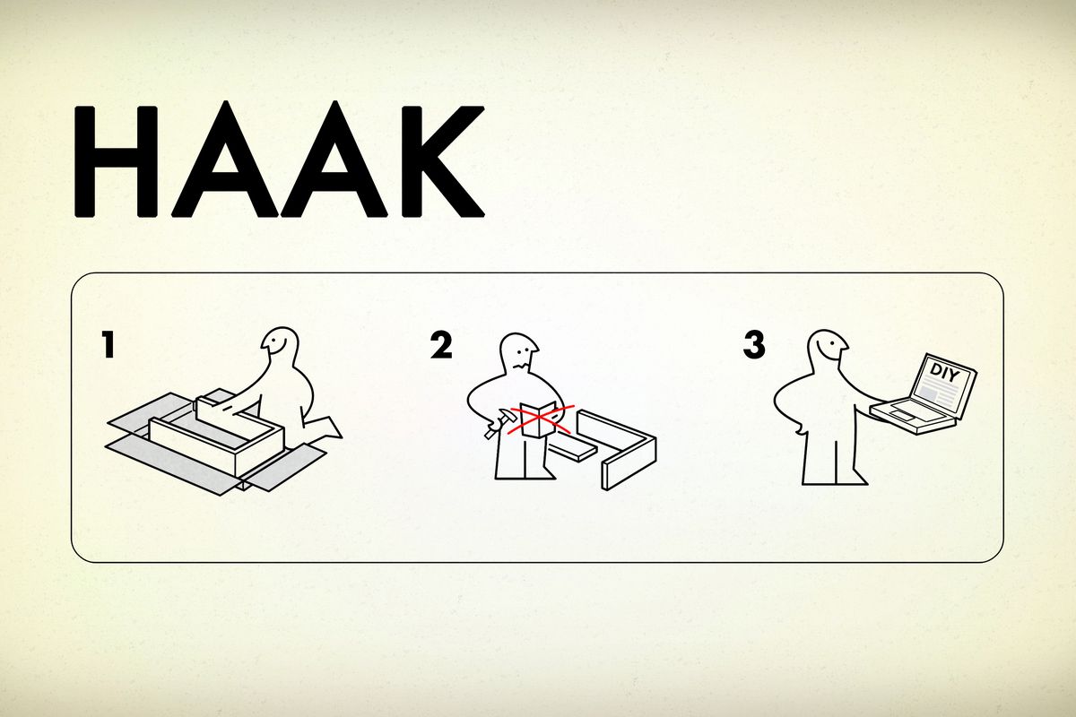 Illustration of fake IKEA instructions for a product called “Haak” 