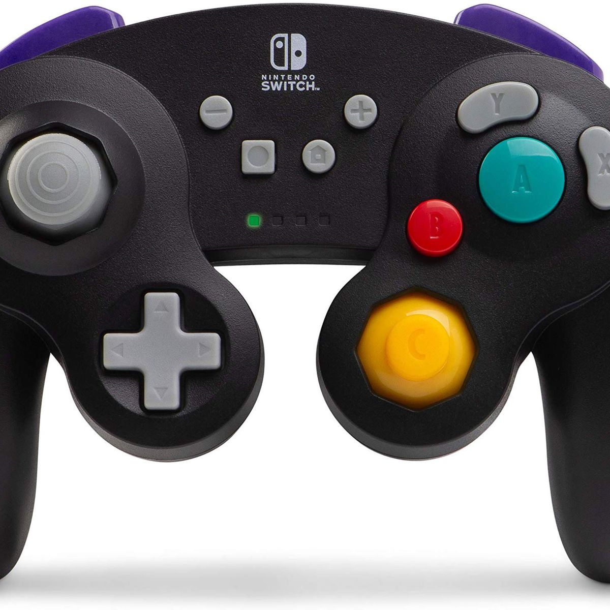 A product shot of a black wireless GameCube-style controller