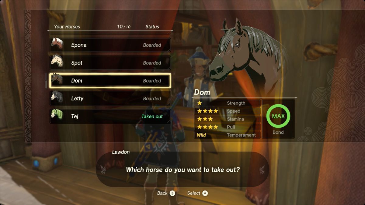 The Legend of Zelda: Tears of the Kingdom&nbsp;horse stats at a stable