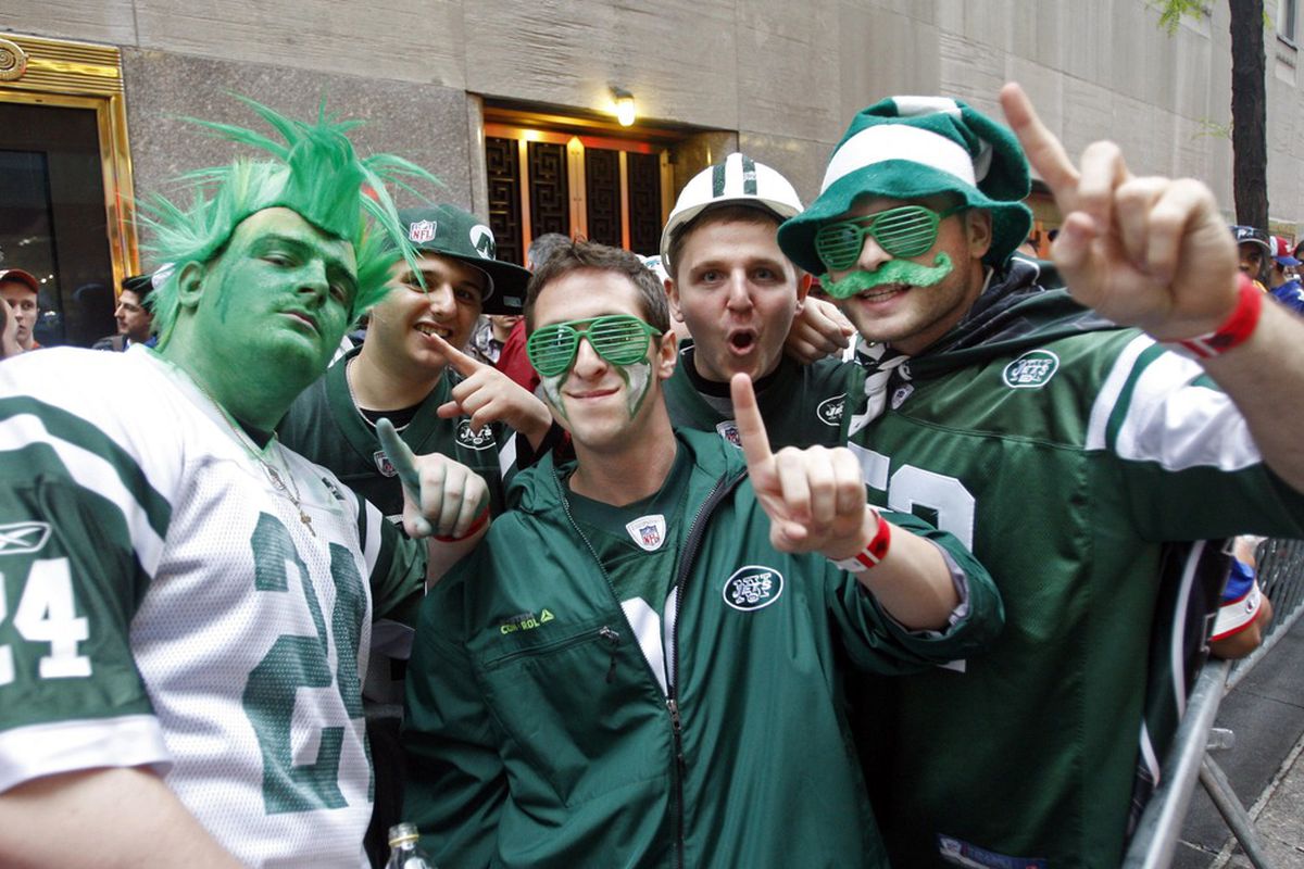 Apr 26, 2012; New York, NY, USA; New York Jets fans from left Nick Marcello , Anthony Forte , Wayne Mitchell , Mike Forte and Scott Lissner pose for a photo before the 2012 NFL Draft at Radio City Music Hall. Mandatory Credit: Jerry Lai-US PRESSWIRE