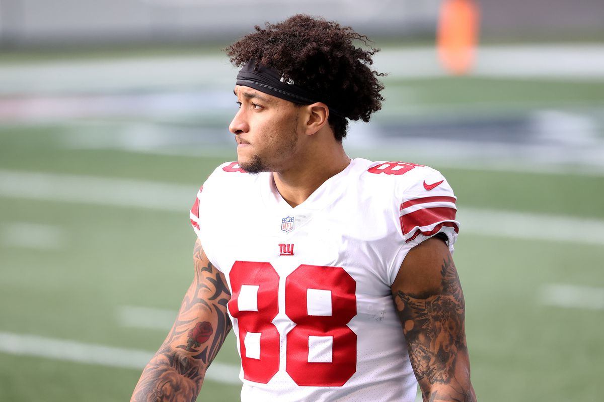 Evan Engram #88 of the New York Giants looks on before their game against the Seattle Seahawks at Lumen Field on December 06, 2020 in Seattle, Washington.