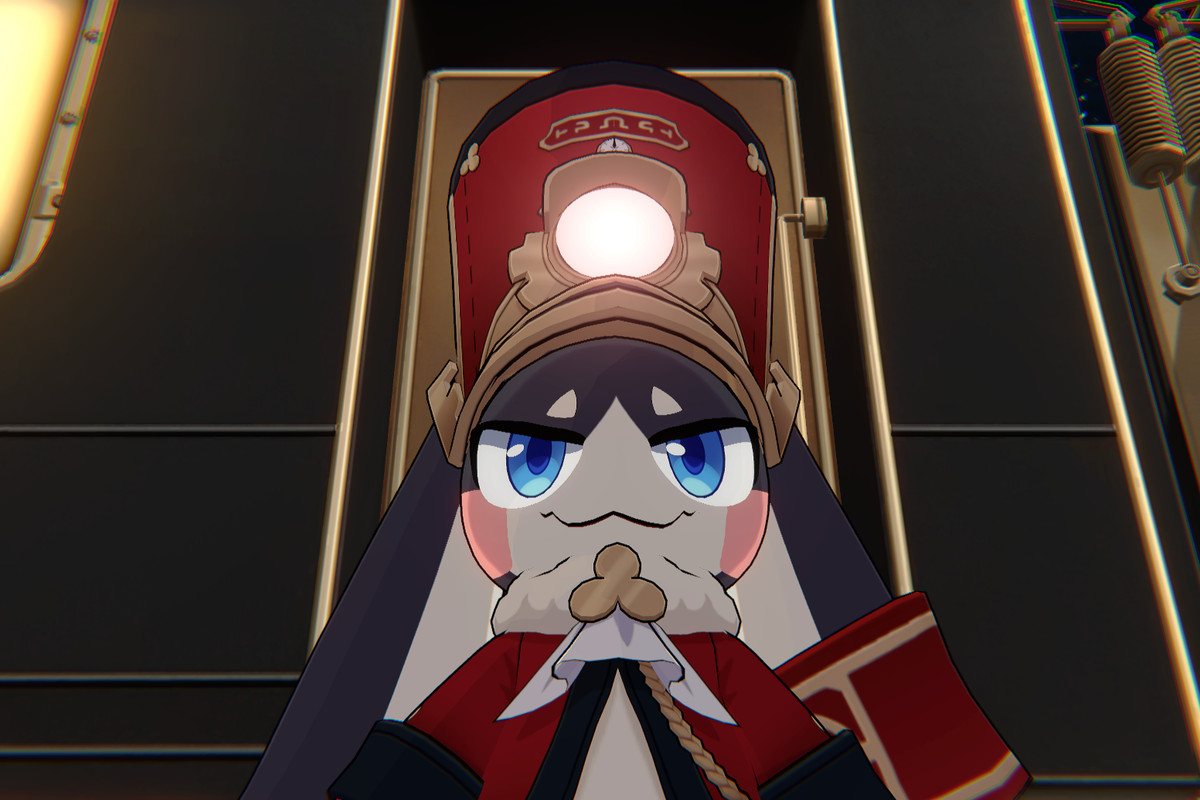 Pom Pom, Honkai: Star Rail’s mascot character, standing in front of a train in their red train conductor outfit.