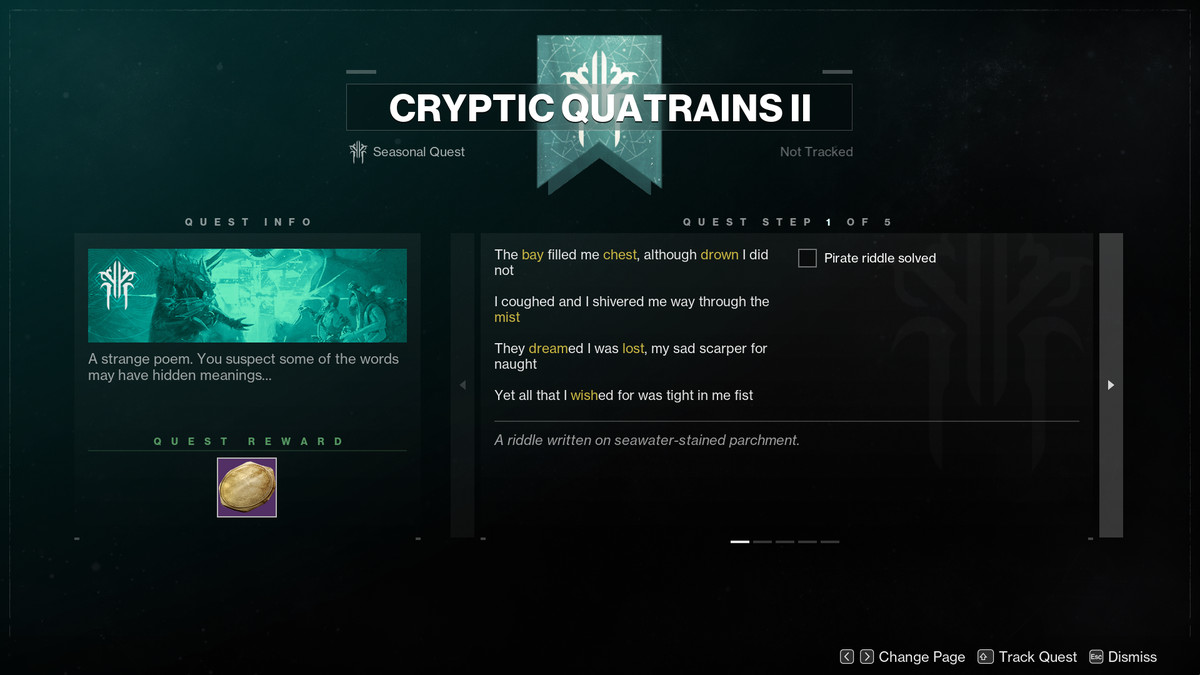The quest menu for Cryptic Quatrains 2 in Destiny 2: Season of Plunder