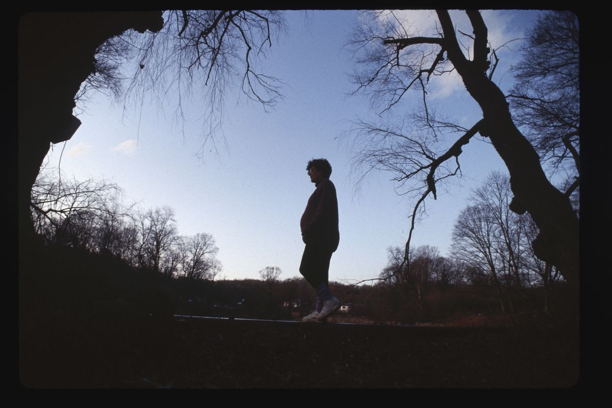 Silhouette of a pregnant woman seen in a gap between trees.