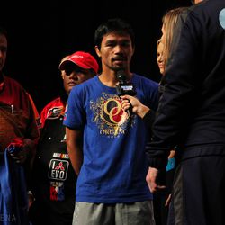 Manny Pacquiao speaks to the media after weighing in