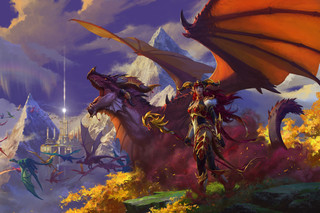 World of Warcraft: Dragonflight - Alexstrasza הולך לצד דרקון שואג בניצחון. מרחוק, דרקונים עפים סביב מקדש הרים עם קשת אור בשמיים