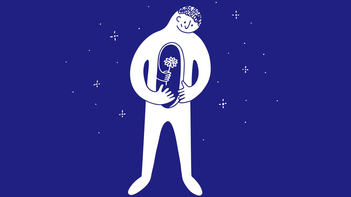 An illustration of a blue background with a white cartoonish man with a hole in his mid-section. A hand holding a flower reaches out from the hole.