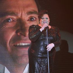 Keala Settle sings during Japan premiere for her latest film "Greatest Showman" in Tokyo, Tuesday, Feb. 13, 2018. (AP Photo/Shizuo Kambayashi)