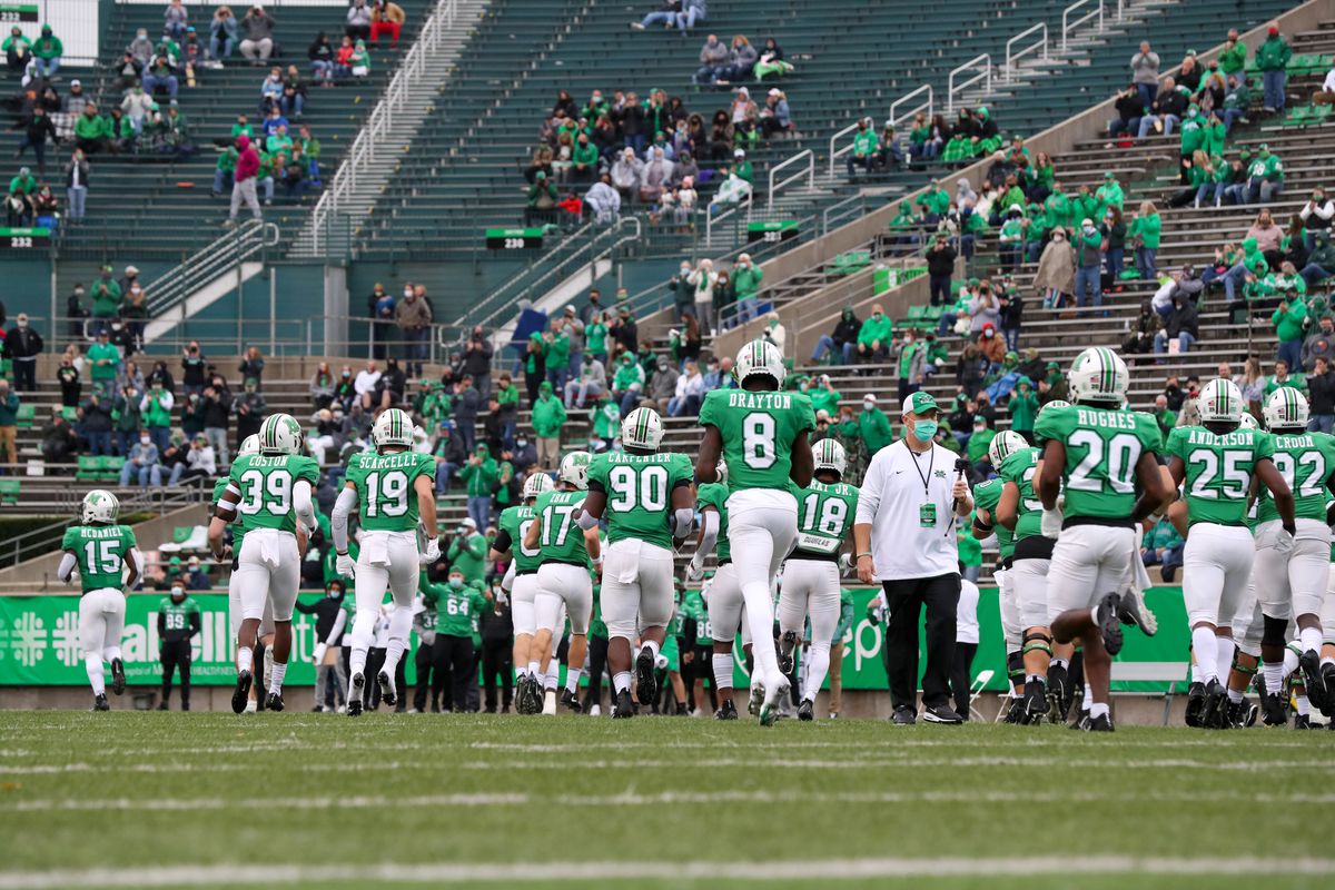 The Marshall Thundering Herd take the field prior to the college football game between the Florida Atlantic Owls and the Marshall Thundering Herd on October 24, 2020, at Joan C. Edwards Stadium in Huntington, WV.