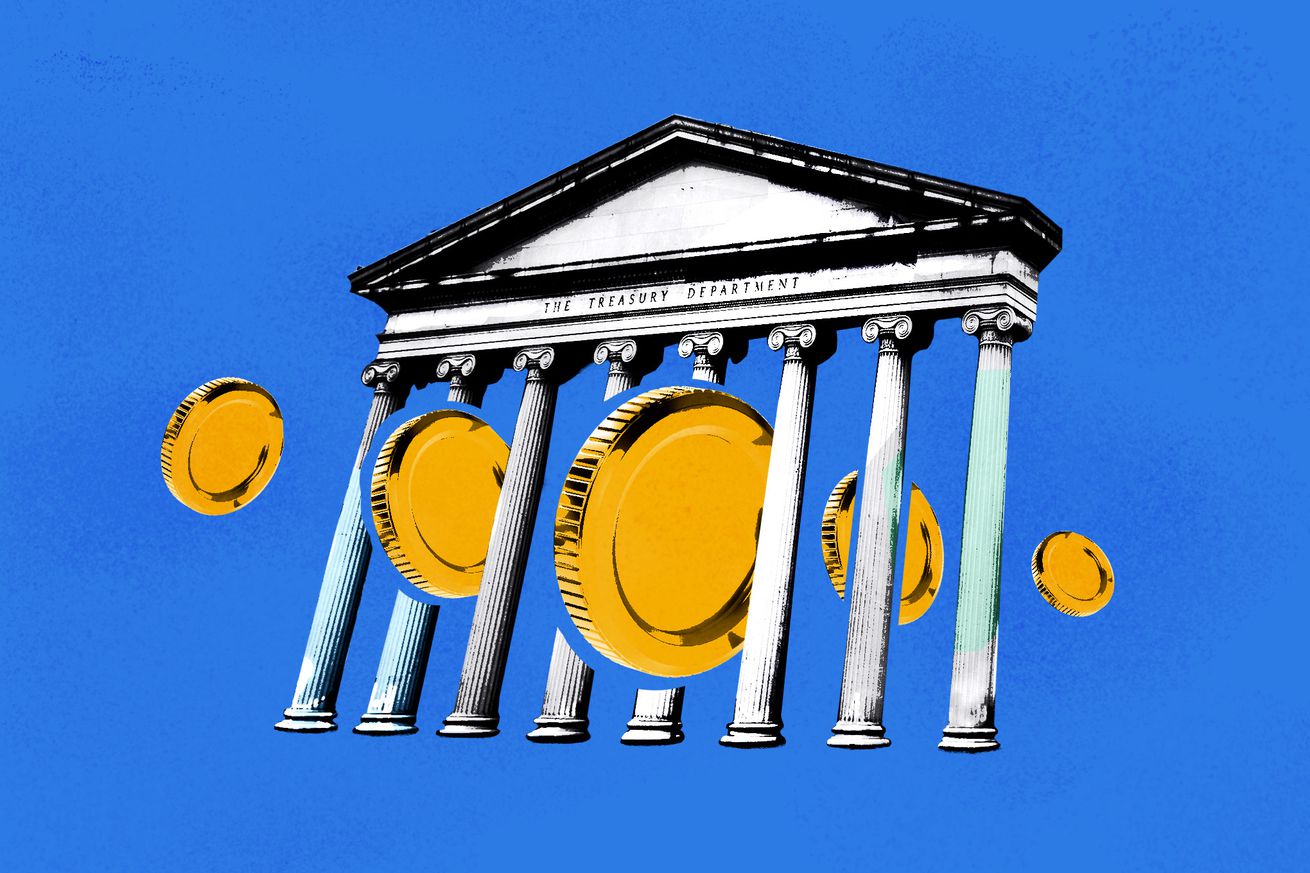 Illustration of coins passing through the pillars of the Supreme Court portico
