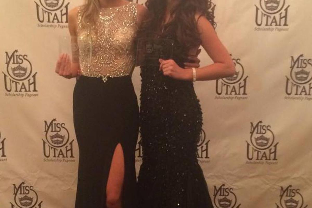 Miss Rocky Mountain Jessica Jensen, left, and Miss Sandy Lizzie Palmatier, right, pose with their preliminary awards Thursday, June 18, 2015, in Salt Lake City.