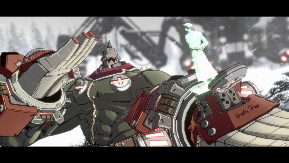The Guilty Gear character Potemkin is a giant shirtless man wearing a knight’s helmet and massive metal attachments on his hands