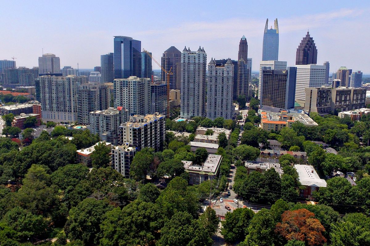 A large swath of trees dominate the foreground with city buildings in the background.