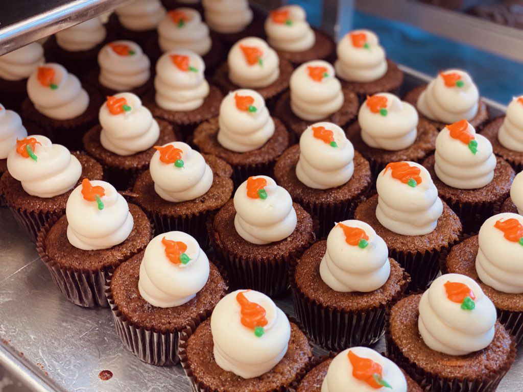 A tray of carrot cake cupcakes from Southern Girl Desserts in South Los Angeles, California.