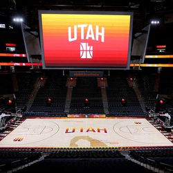 The new Utah Jazz city edition basketball court at the Vivint Smart Home Arena in Salt Lake City on Monday, Jan. 29, 2018.