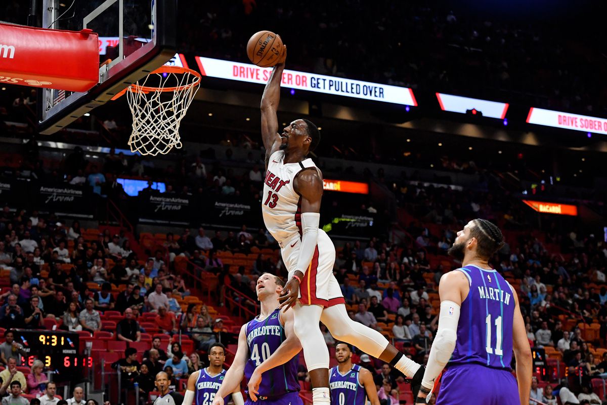 Miami Heat forward Bam Adebayo dunks the ball against the Charlotte Hornets during the second half at American Airlines Arena.&nbsp;