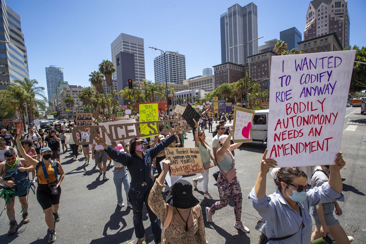 Para pengunjuk rasa berbaris di Los Angeles untuk hari kedua pada 25 Juni. Seseorang memegang tanda yang berbunyi, “Saya ingin mengkodifikasi Roe.  Otonomi tubuh membutuhkan amandemen.”