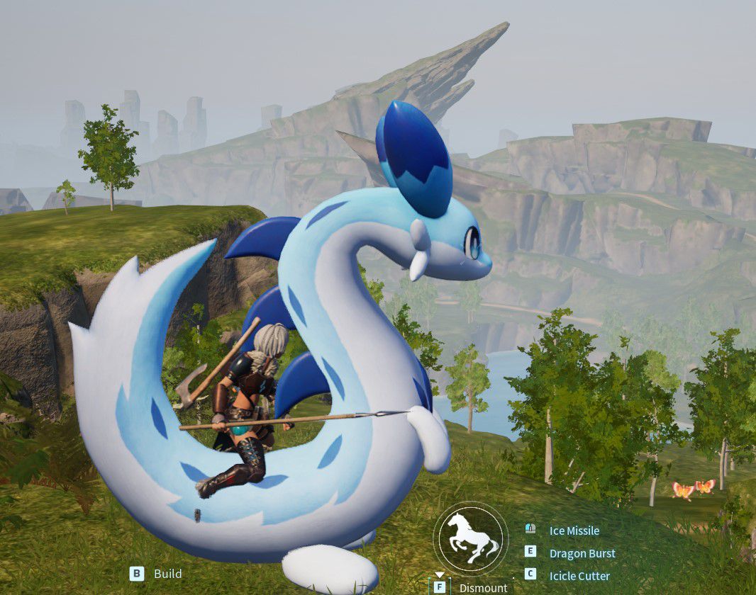 An image of a character riding a Chillet in Palworld. It looks like a giant ferret with light and dark blue markings and giant eyes. 