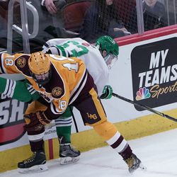 Loyola’s Kevin Purcell (18) battles New Trier’s Trent Kadin (63) for the puck, Friday 03-22-19. Worsom Robinson/For the Sun-Times