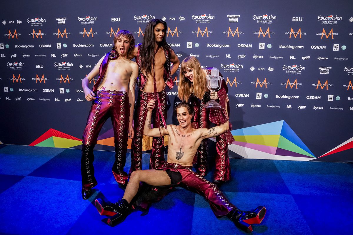 Italy’s Maneskin poses with their trophy at the end of a press conference after winning the final of the 65th Eurovision Song Contest at the Ahoy convention centre in Rotterdam