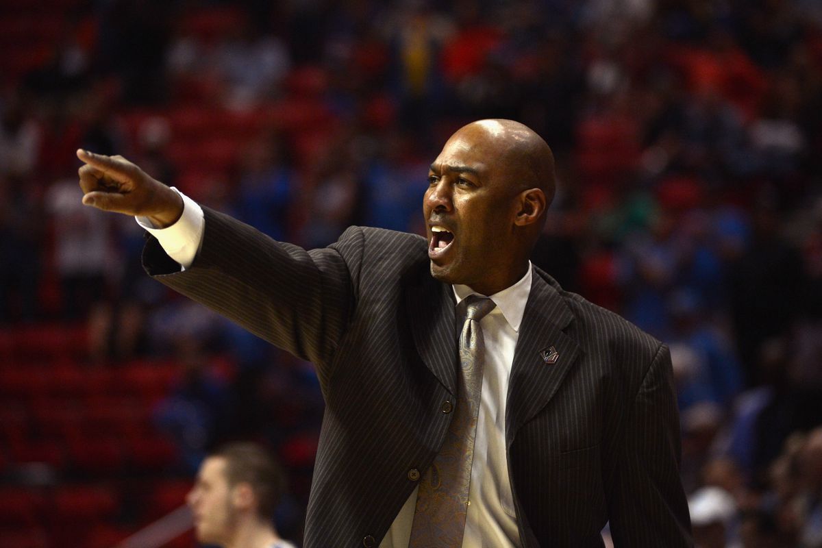 SAN DIEGO, CA - MARCH 21: Head coach Danny Manning of the Tulsa Golden Hurricane yells to his team against the Stephen F. Austin Lumberjacks they play against the UCLA Bruins during the second round of the 2014 NCAA Men's Basketball Tournament at Vie