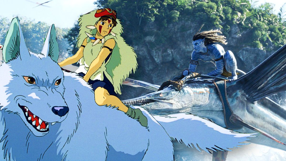 Princess Mononoke riding a wolf on the left side with Jake Sully riding a water dragon from Avatar: The Way of Water on the right side