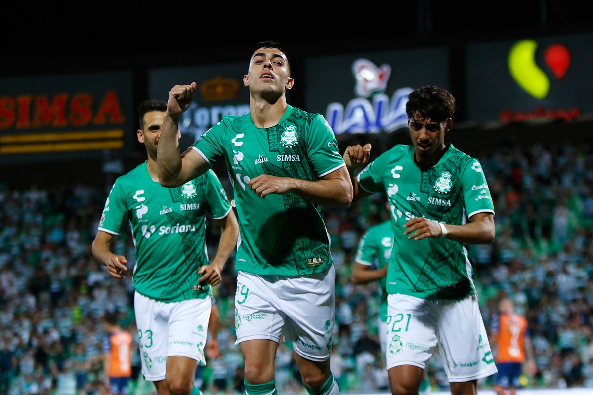Juan Brunetta of Santos celebrates after scoring the team’s second goal during the 9th round match between Santos Laguna and Puebla as part of the Torneo Clausura 2023 Liga MX at Corona Stadium on February 26, 2023 in Torreon, Mexico.