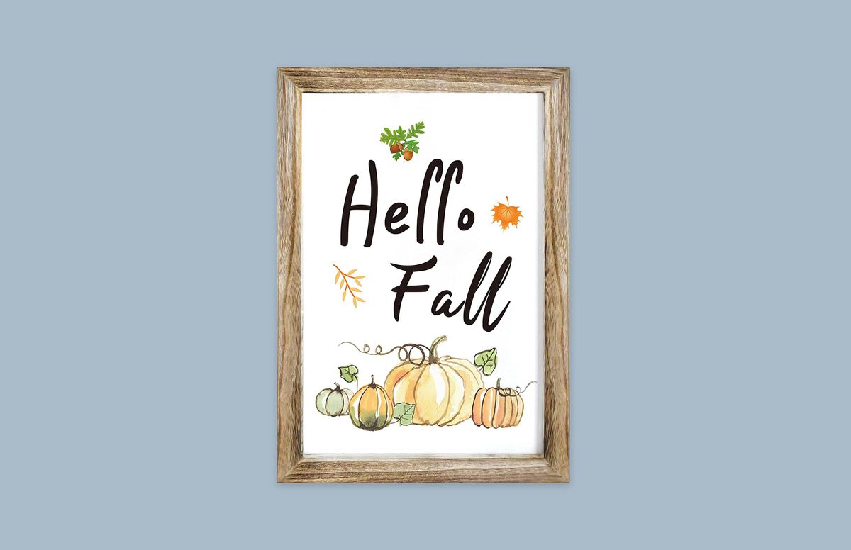 Lapogy Wall Decor Signs that reads “Hello Fall” with pumpkins on blue background