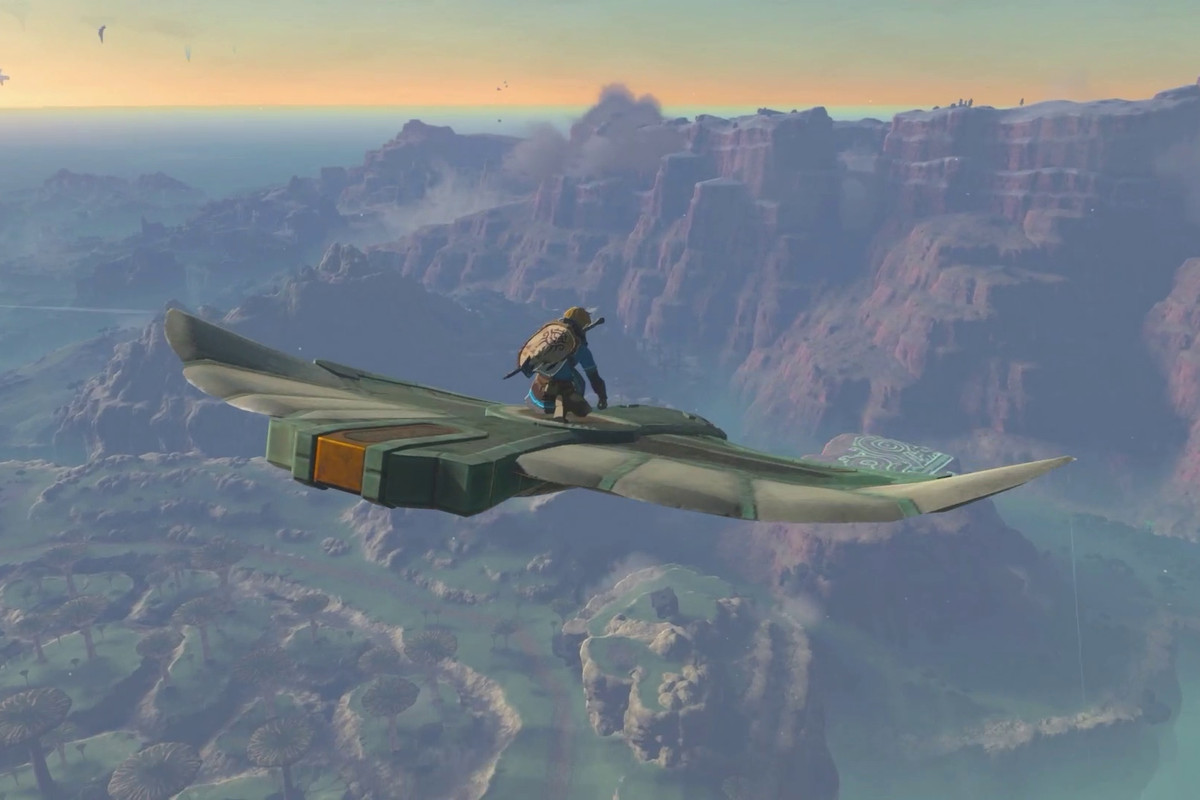 Link riding atop a stone glider in The Legend of Zelda: Tears of the Kingdom
